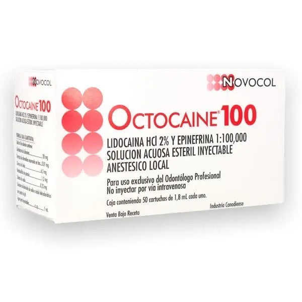 Anestesia Octocaine 2% 1:100.000 50 Unidades. Novocol, Tubo de Vidrio